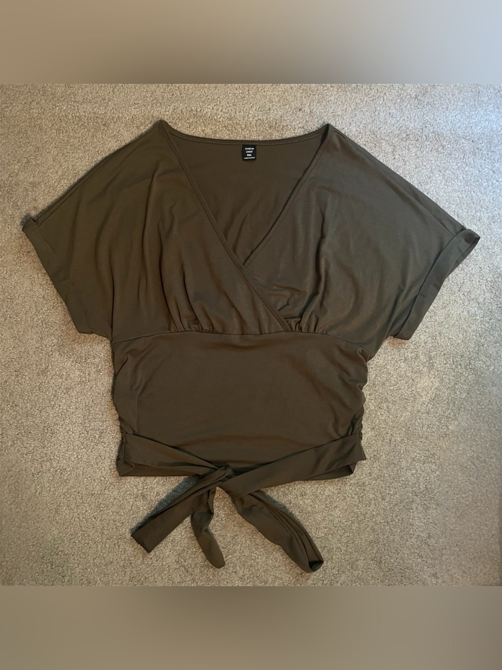 SHEIN Olive Green Ruched Surplice Tie-Hem Short Sleeve Top